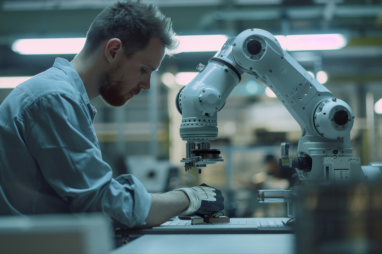Mann arbeitet gemeinsam mit einem Roboterarm an einem Projekt