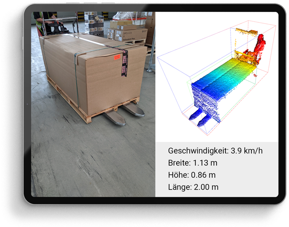 Die Maße eines Pakets werden von einem 3D-Scanner berechnet.